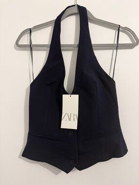 ZARA Navy Halter Vest Top with Deep V